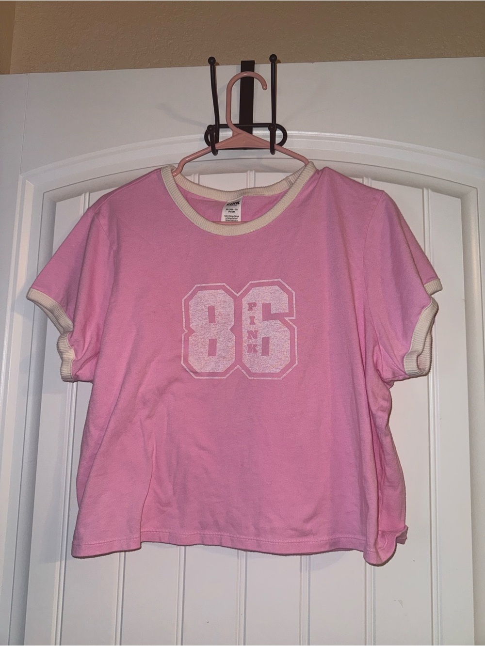PINK Victoria's Secret Pink Ringer Tee with Cream Trim and White '86 Graphic